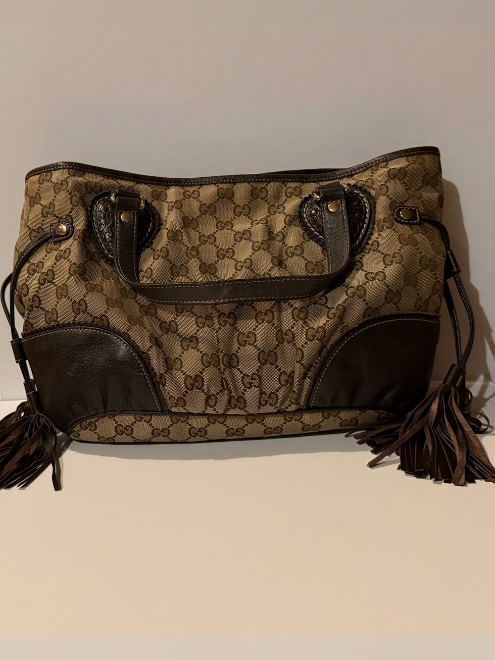 Vintage Gucci Brown Monogram Canvas Sukey Tote Bag with Dark Brown Leather Trim